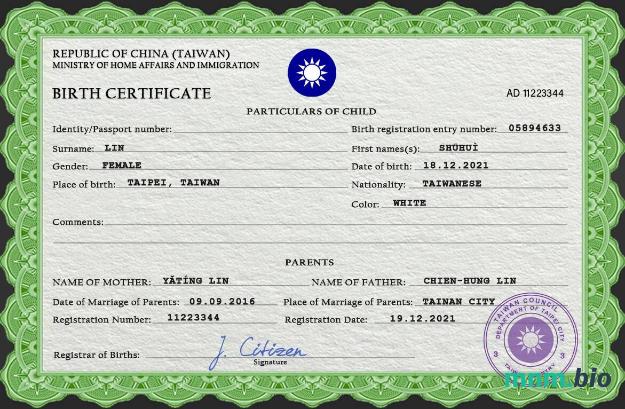 Taiwan narodziny certyfikat